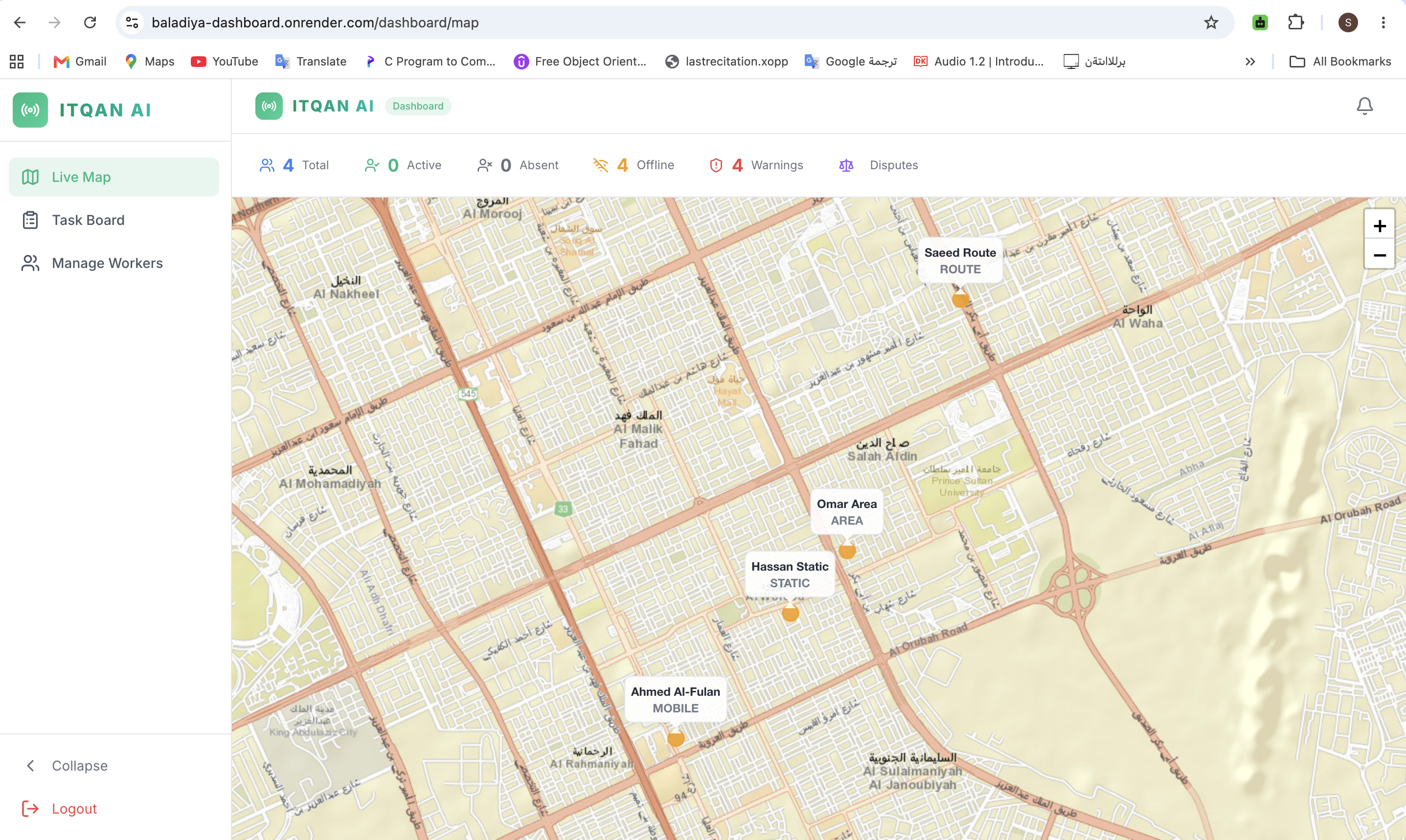 ITQAN AI Dashboard — Live Map with worker tracking