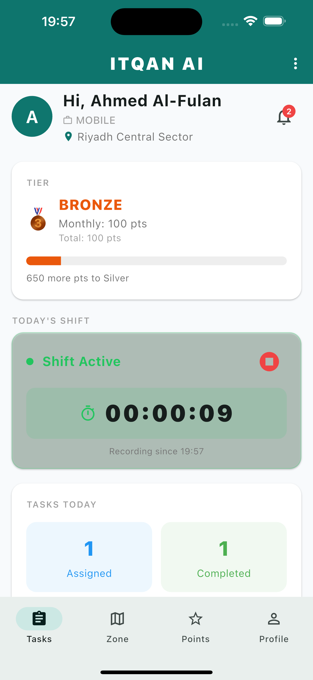 Worker App — Dashboard with shift tracking